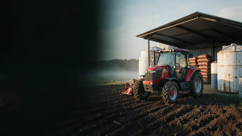 Illustration of a tractor, grain bins and seed bags at a farm at sunrise