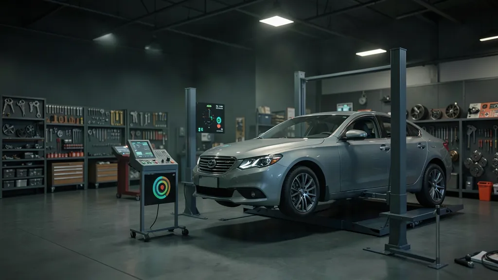 Illustration of an auto repair bay with a car on a lift and a calibration target in front of another car