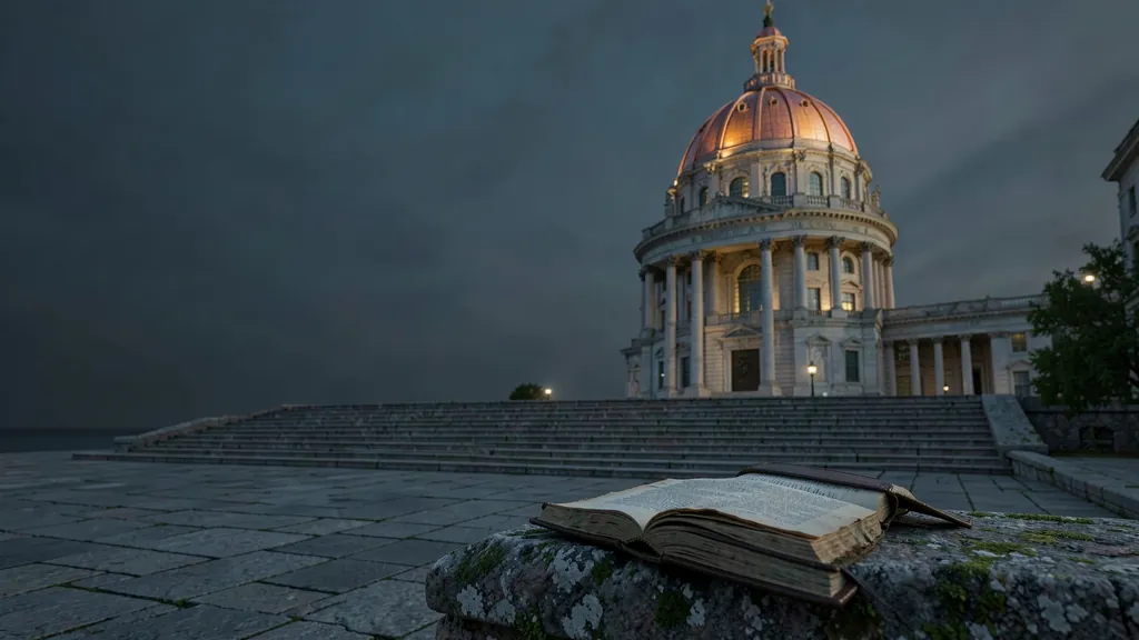 Illustration of a state capitol at dusk with an open law book in the foreground