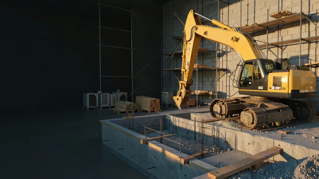 Illustration of a construction site with an excavator, rebar and materials waiting on pallets