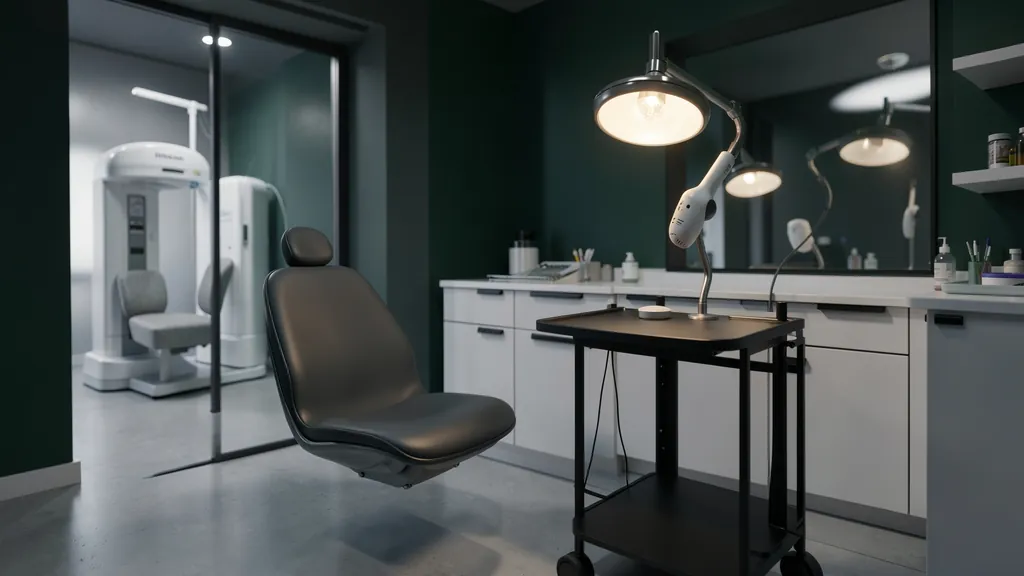 Illustration of an empty modern dental treatment room with a scanner and imaging unit