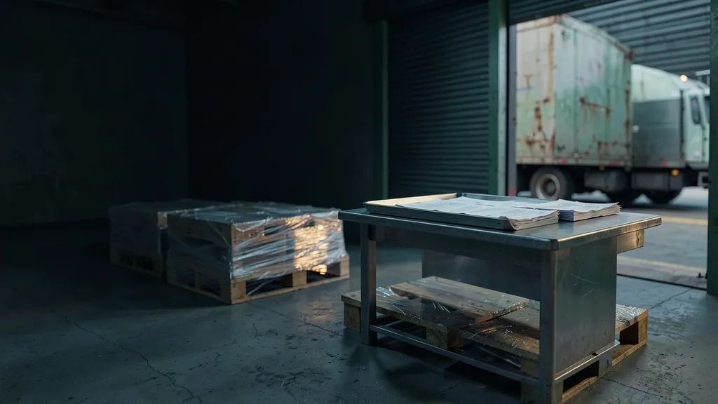 Illustration of staged pallets at a shipping dock beside an invoice tray