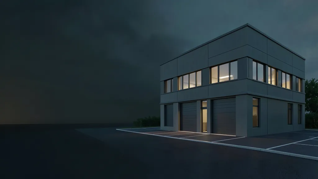 Illustration of a commercial flex building at dusk