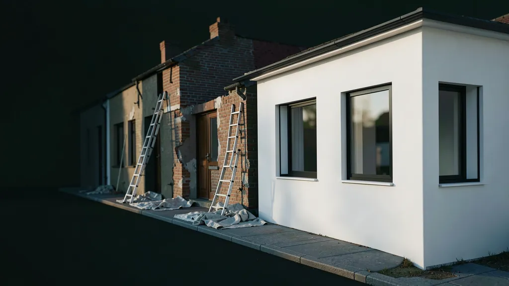 Illustration of rental townhomes, one renovated and one under repair
