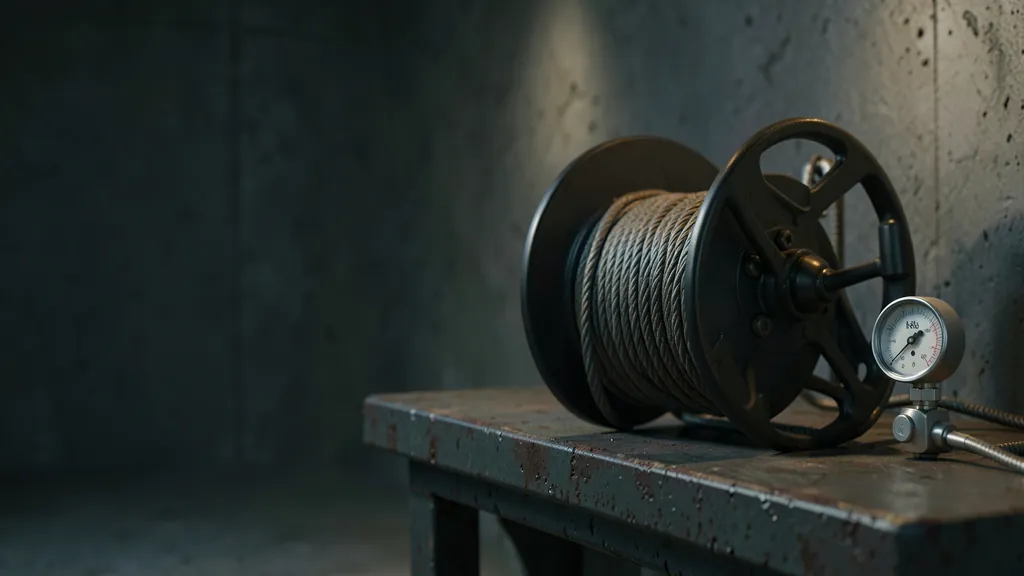 Illustration of a partly unspooled steel cable reel on a workbench