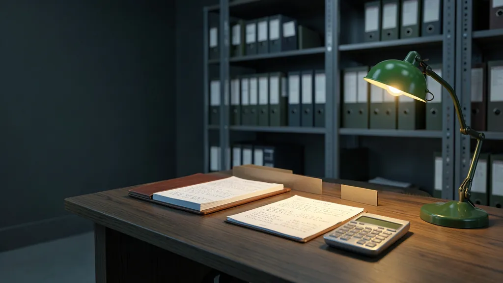 Illustration of a back office desk with a ledger, invoice tray and calculator under a lamp