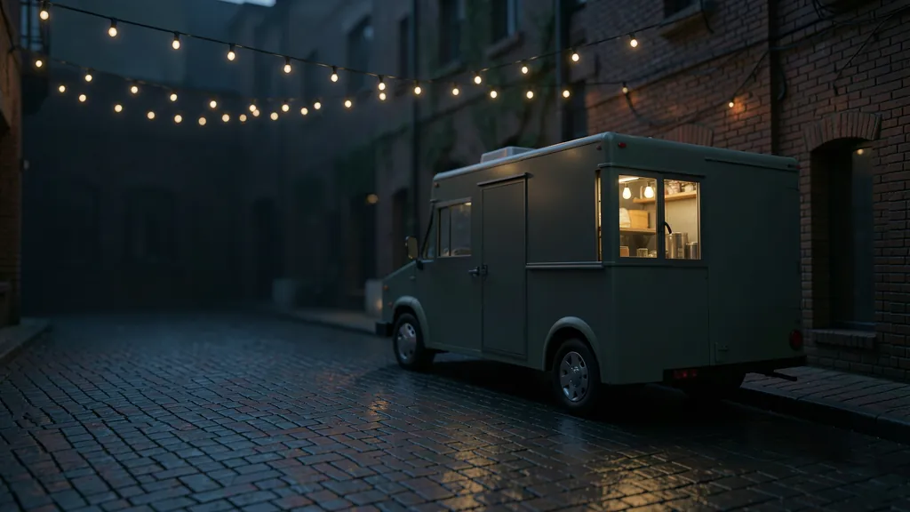 Illustration of a food truck with a lit serving window on an empty street at dusk