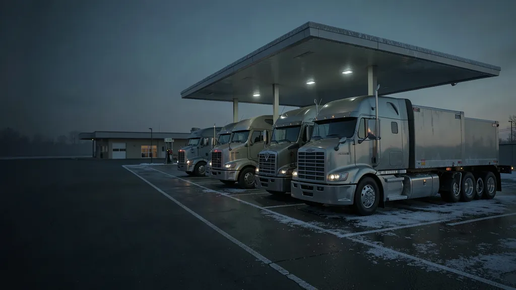 Illustration of unmarked trucks parked at a truck stop at dawn