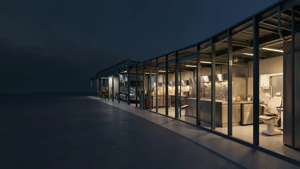 Illustration of a commercial street at dusk with a repair shop, restaurant kitchen, contractor's yard and loading dock lit after hours