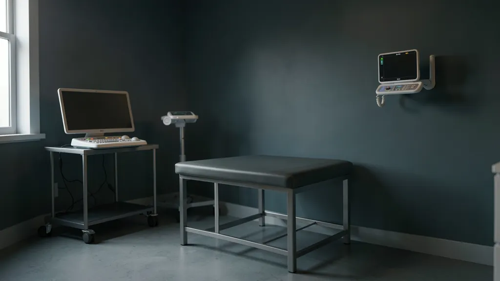 Illustration of an empty clinic exam room with a monitor, workstation and ultrasound cart
