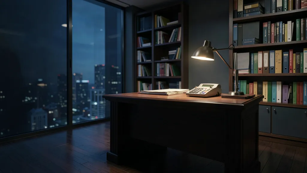 Illustration of a professional's office desk at evening, seen through a glass wall