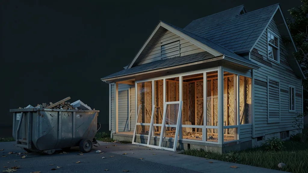 Illustration of a house mid-renovation with a dumpster and new windows waiting