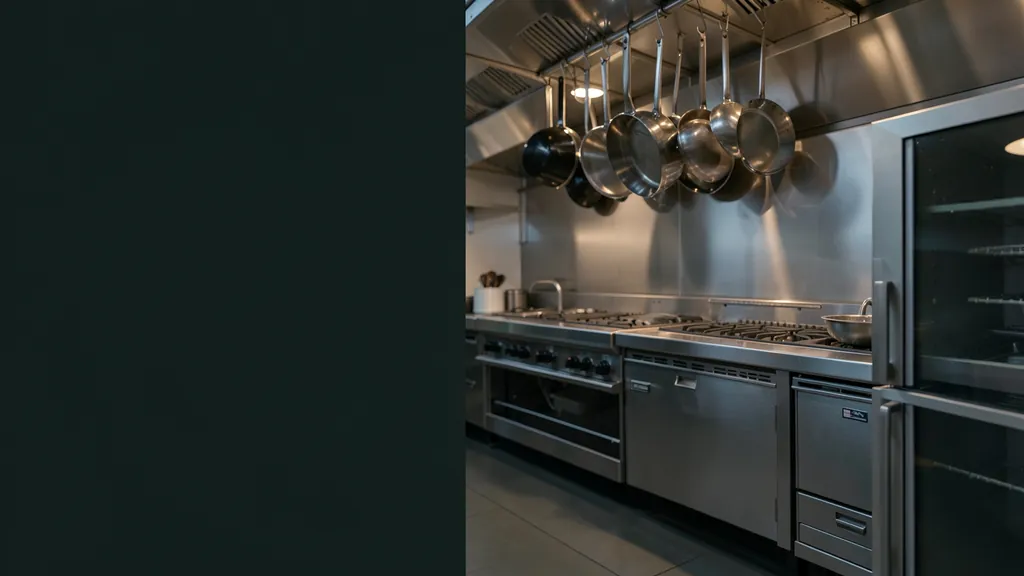 Illustration of a quiet restaurant kitchen line with ranges, cooler and pass lights