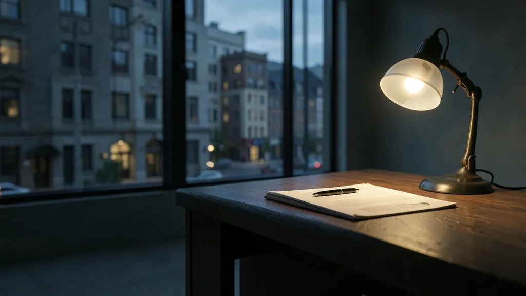 Illustration of a desk with a closed document folder at evening
