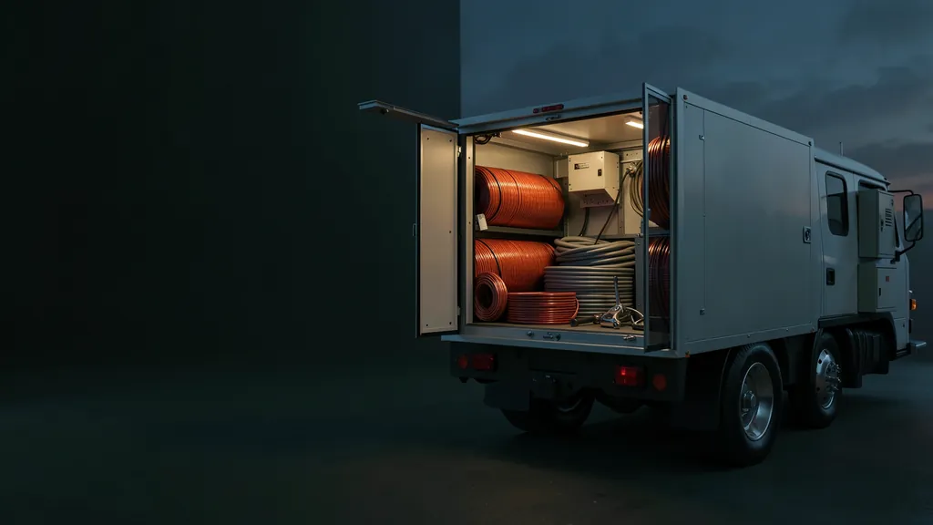 Illustration of an electrical contractor's truck with wire spools and a new panel at dusk