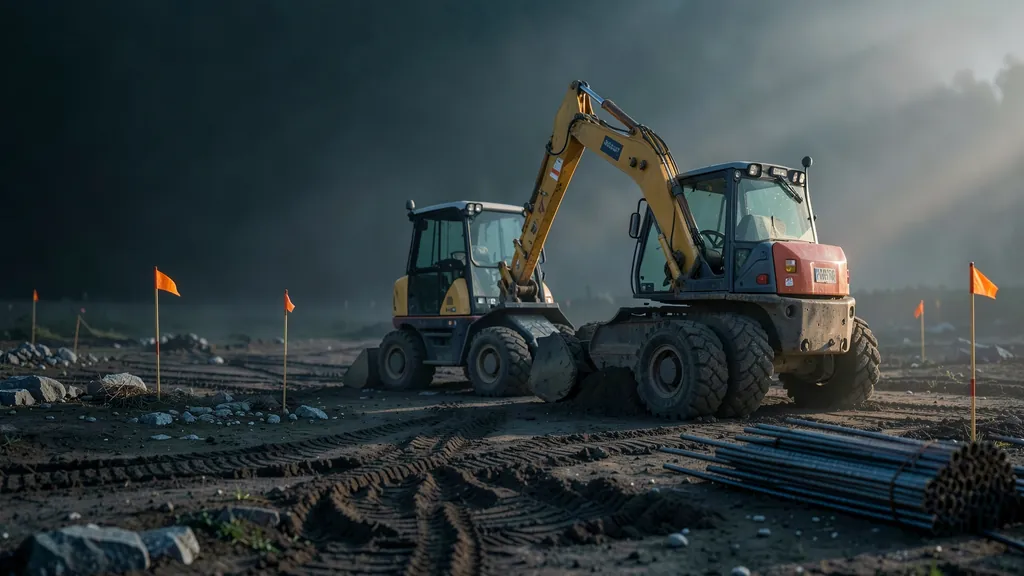 Illustration of a compact excavator and skid steer on a cleared site at dawn