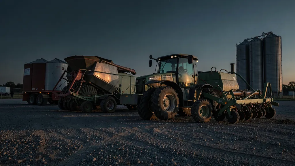 Illustration of a tractor, combine header and planter at a rural equipment yard at dusk