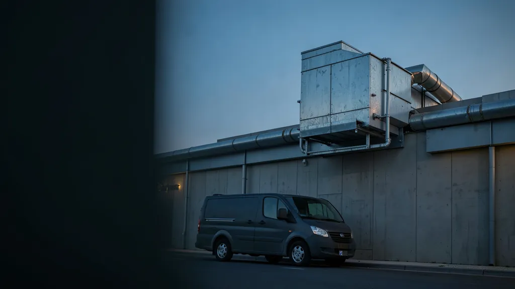 Illustration of a rooftop HVAC unit and ductwork at dusk