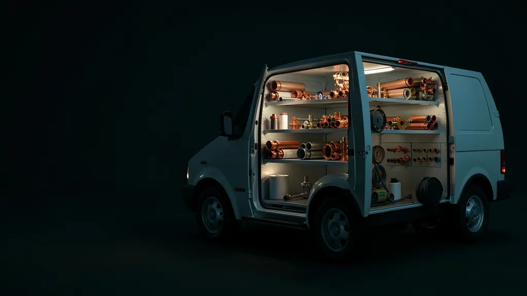 Illustration of a stocked plumbing service van lit from inside at night