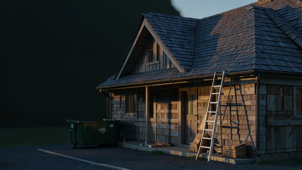 Illustration of a house mid re-roof with shingle bundles staged at golden hour