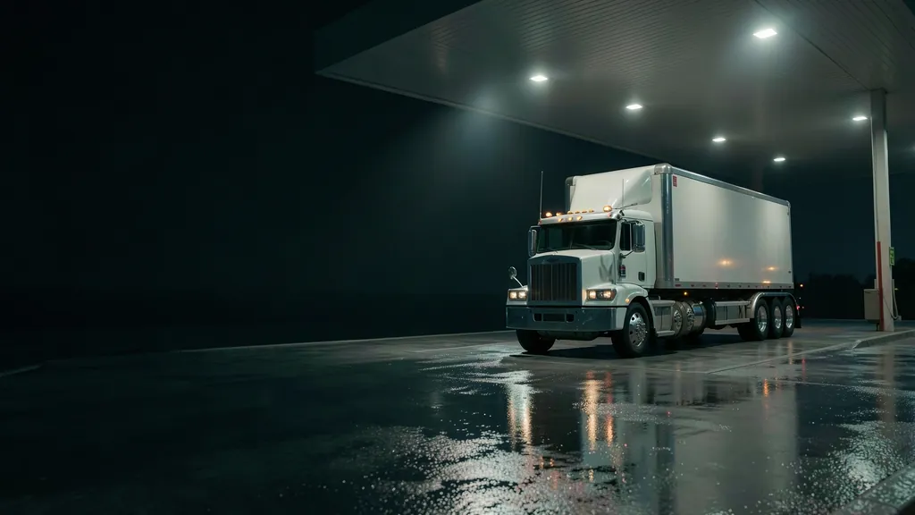 Illustration of an unbranded semi tractor at a quiet fuel island at night